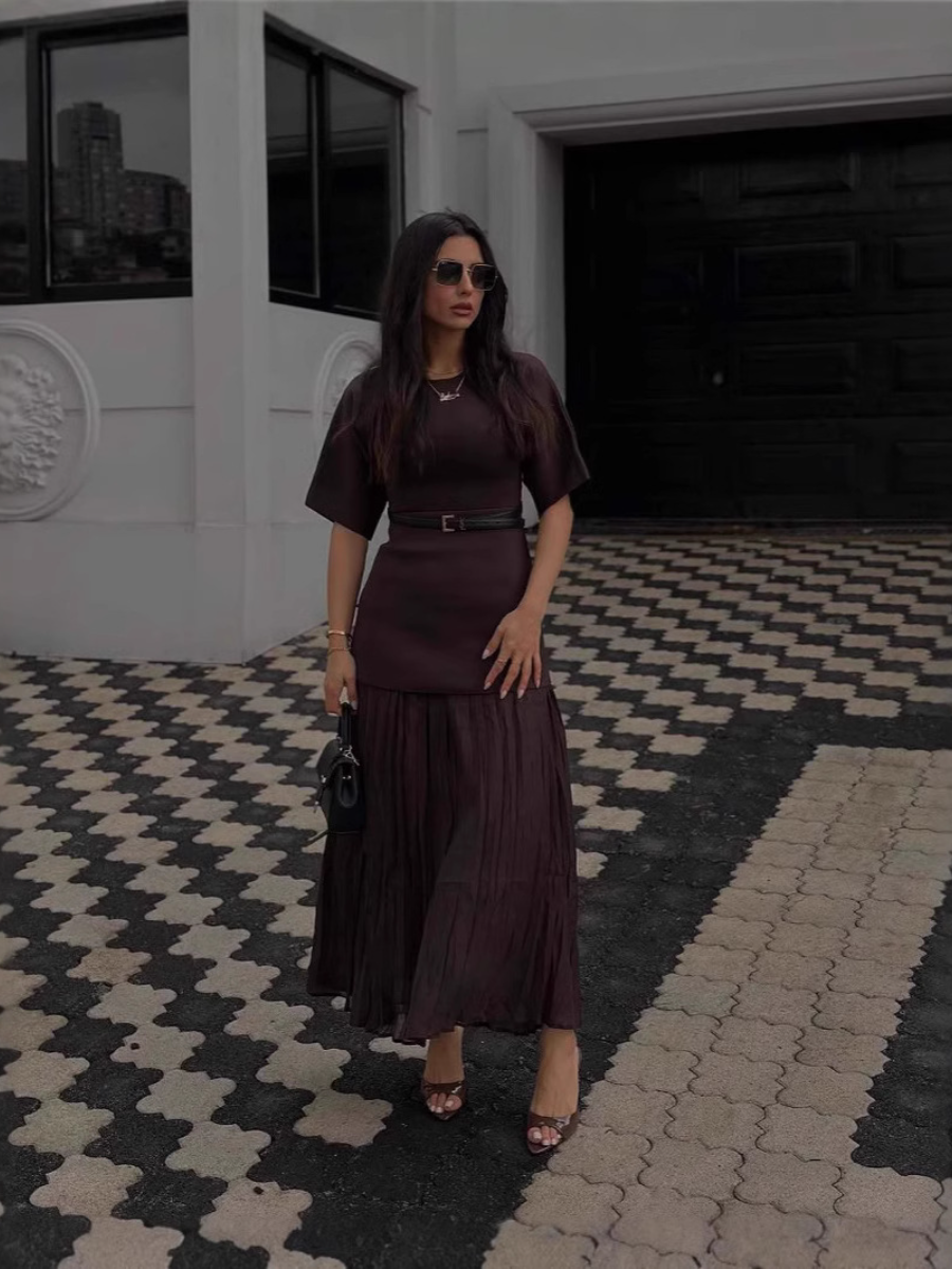 Belted Pleated Midi Dress