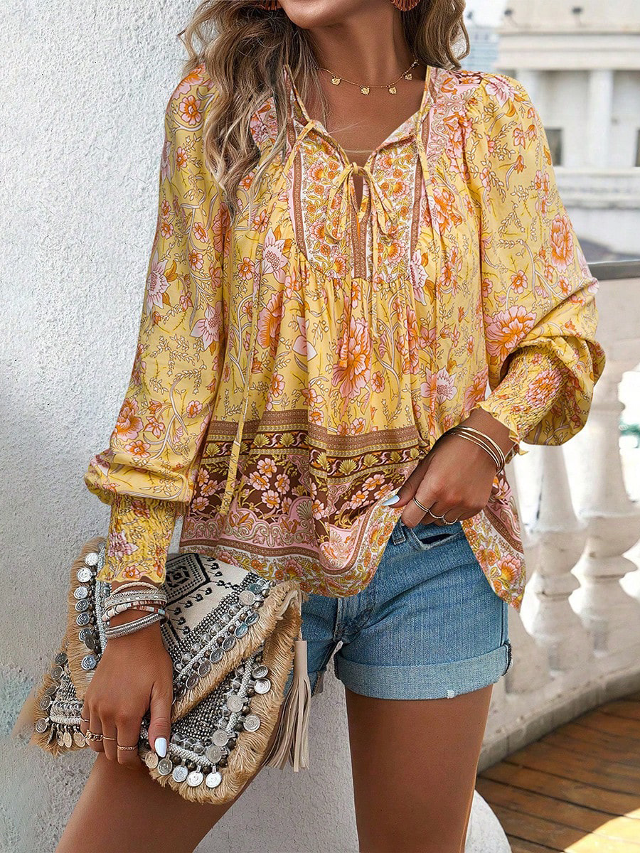 Boho Printed Lace-Up Long Sleeve Top