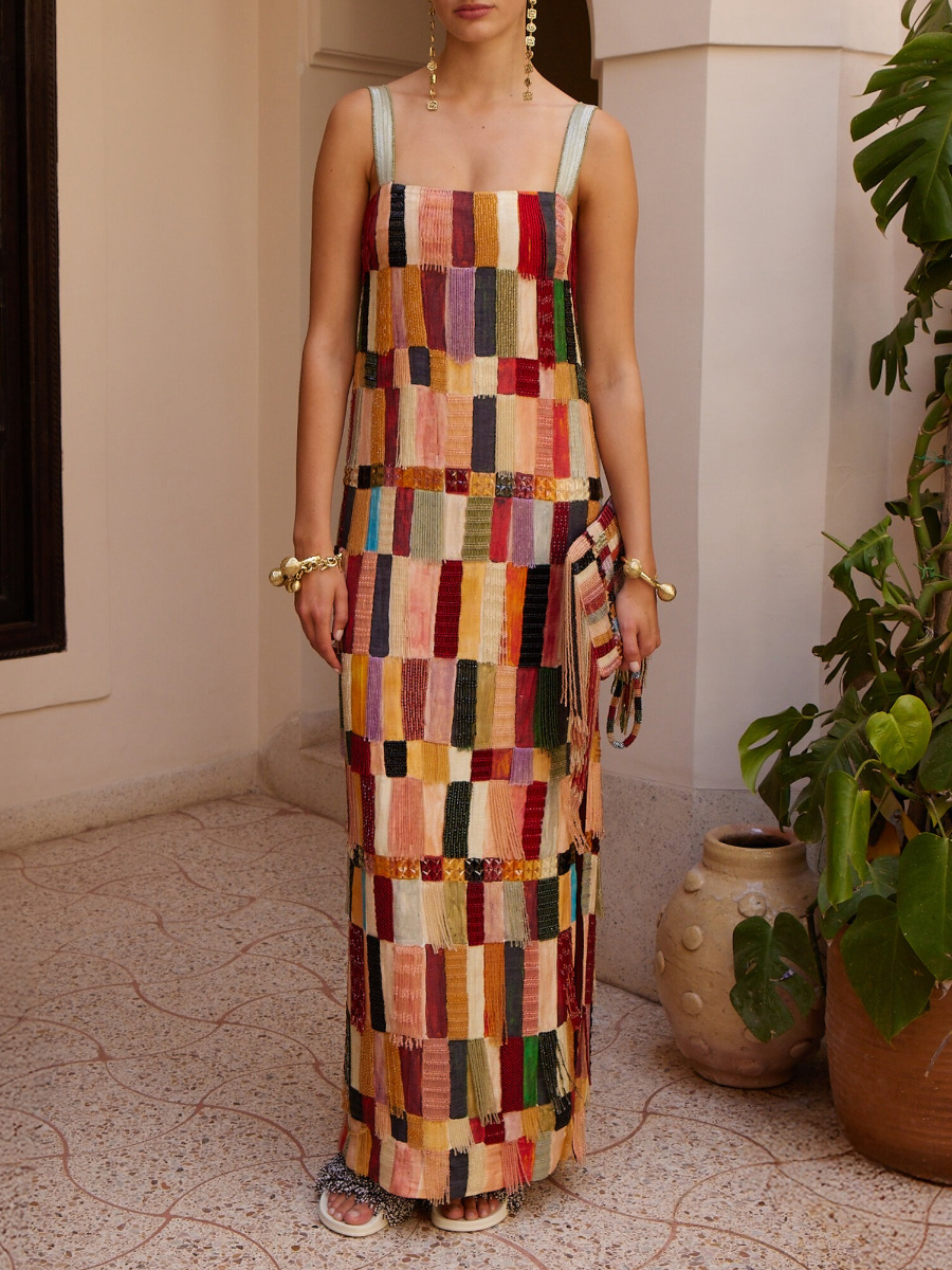 Artistic Multicolored Fringe Maxi Dress
