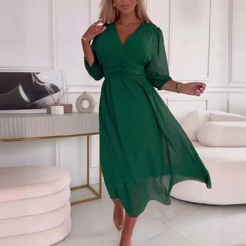 Chiffon V-neck Solid Color Waist Dress