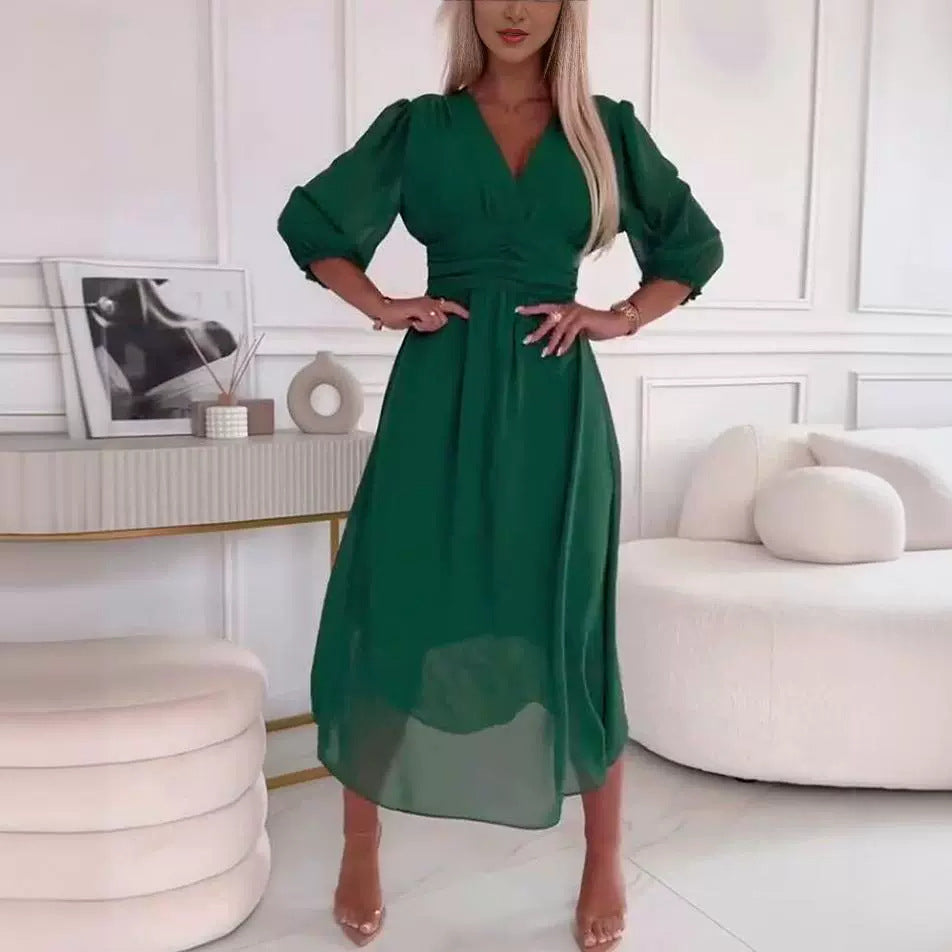 Chiffon V-neck Solid Color Waist Dress