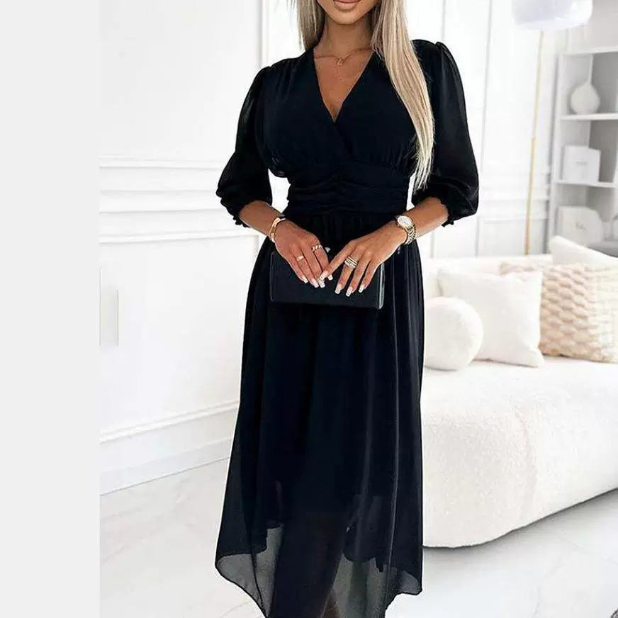 Chiffon V-neck Solid Color Waist Dress