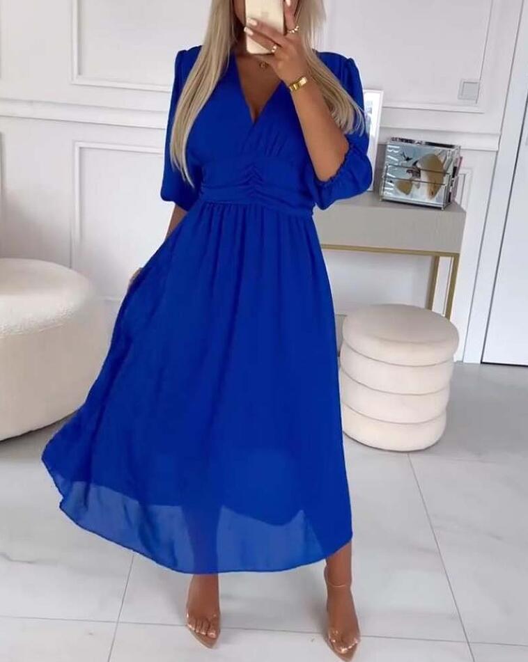 Chiffon V-neck Solid Color Waist Dress