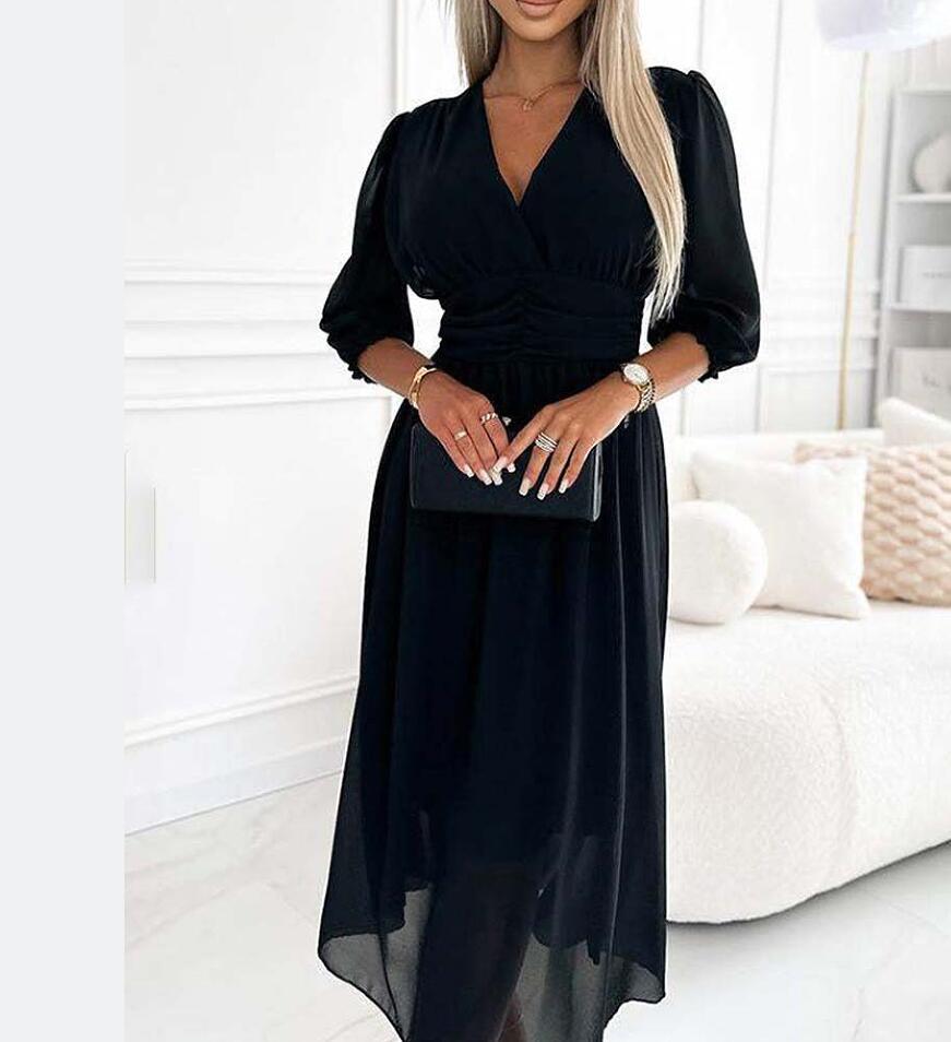 Chiffon V-neck Solid Color Waist Dress