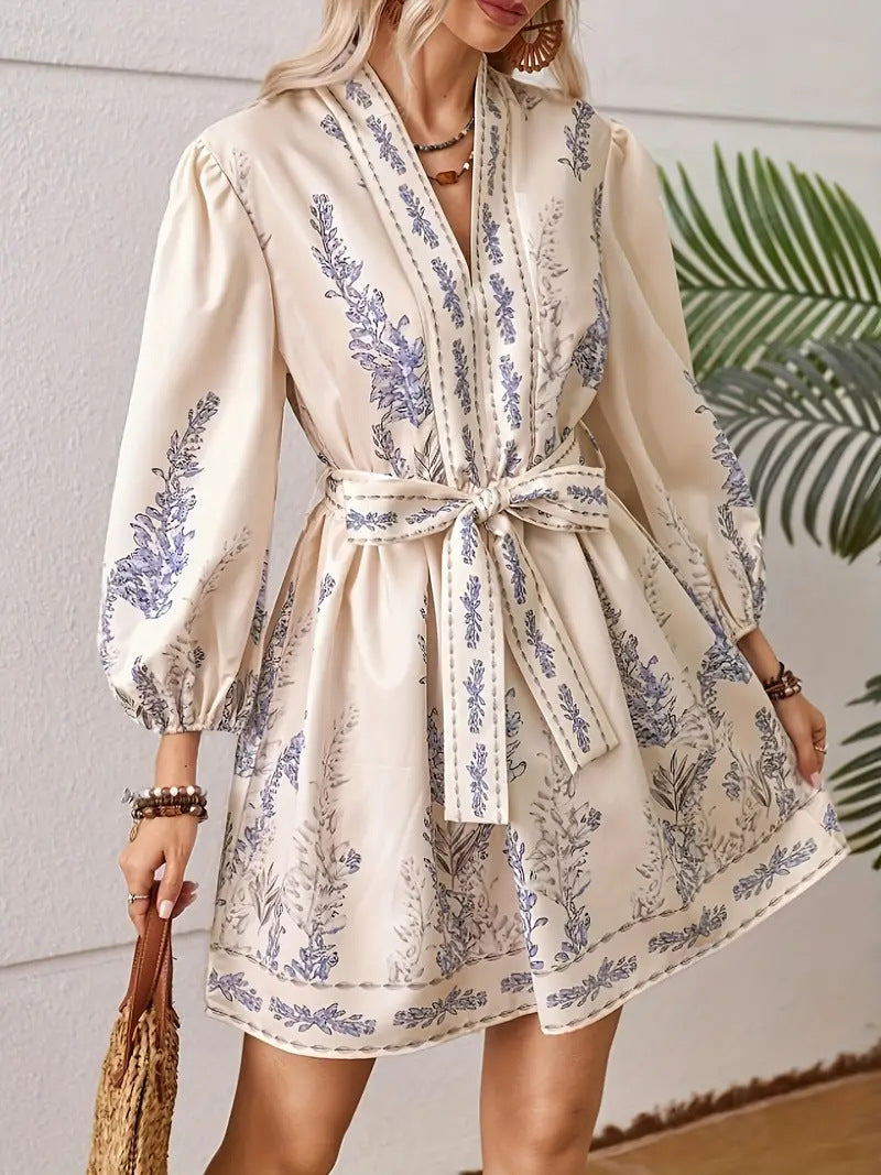 V-neck Fashion Printed Waist Long Sleeve Dress