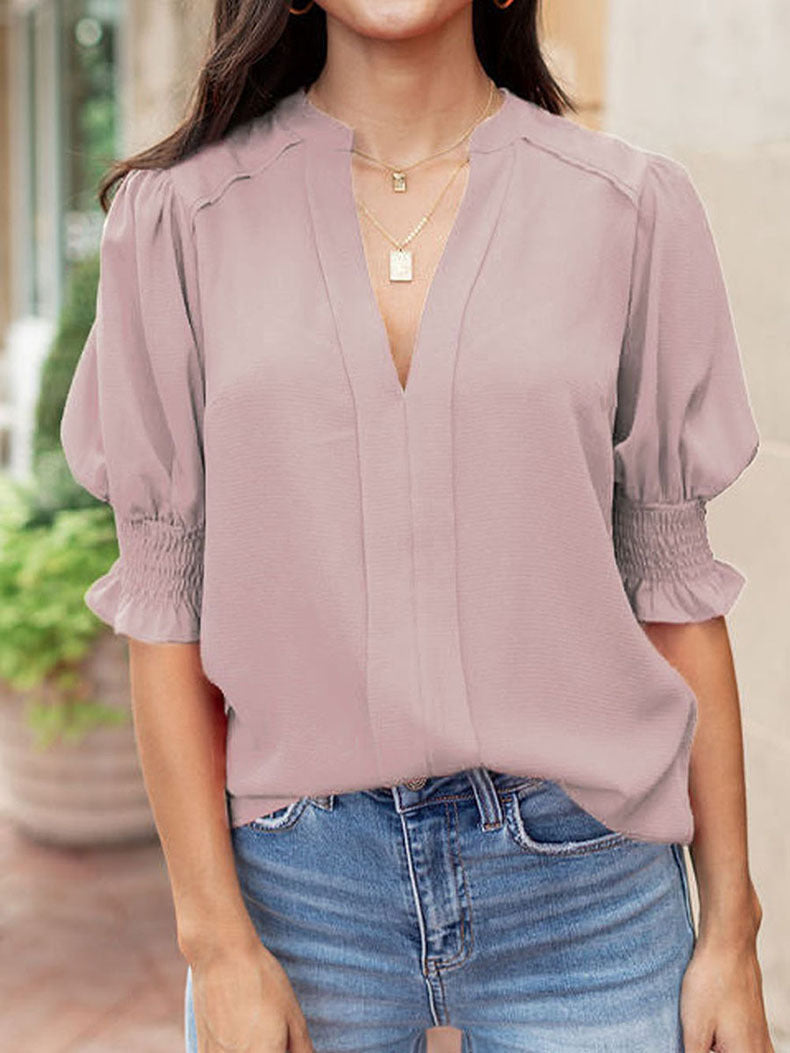 V-Neck Pleated Solid Shirt