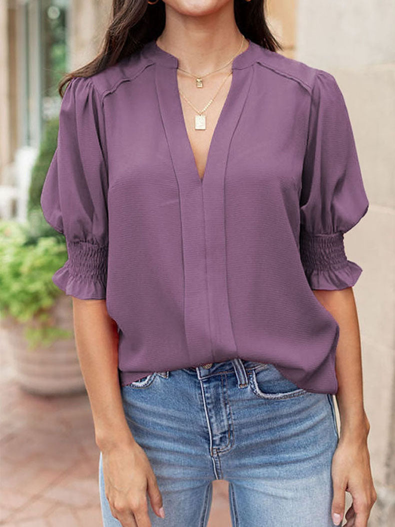 V-Neck Pleated Solid Shirt
