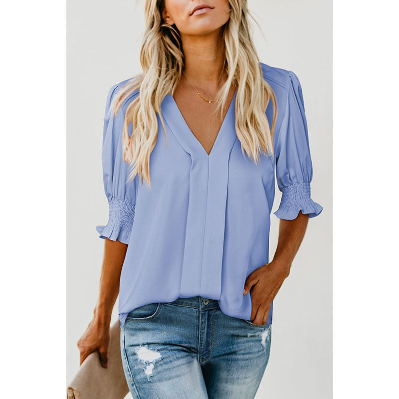 V-Neck Pleated Solid Shirt