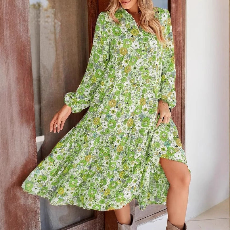 V-Neck Bohemian Floral Puff Sleeve Dress
