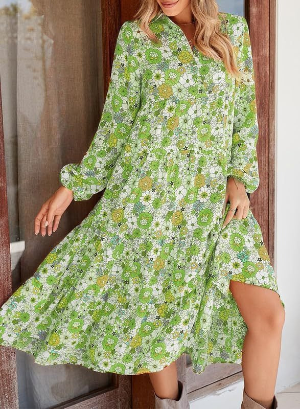 V-Neck Bohemian Floral Puff Sleeve Dress