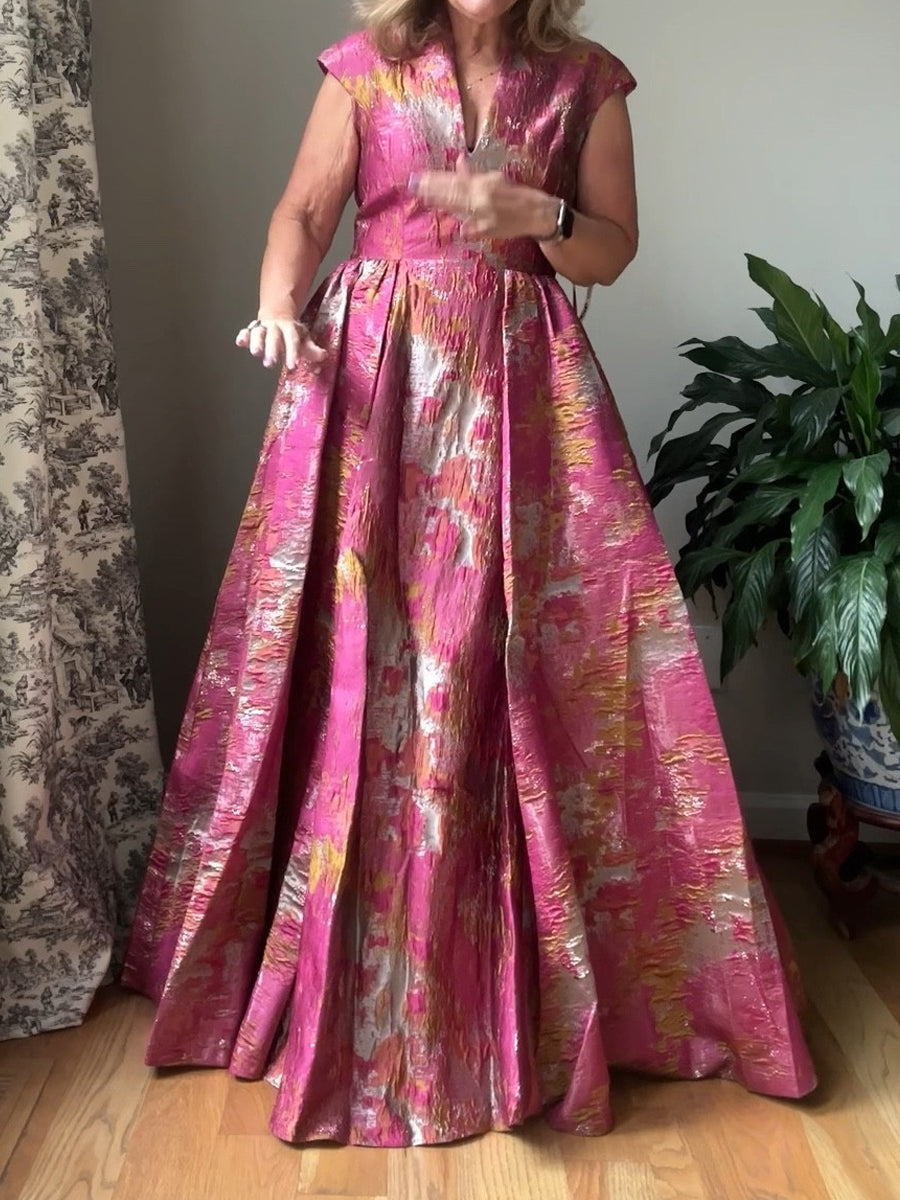Printed V-neck Mandarin Collar Party Dress