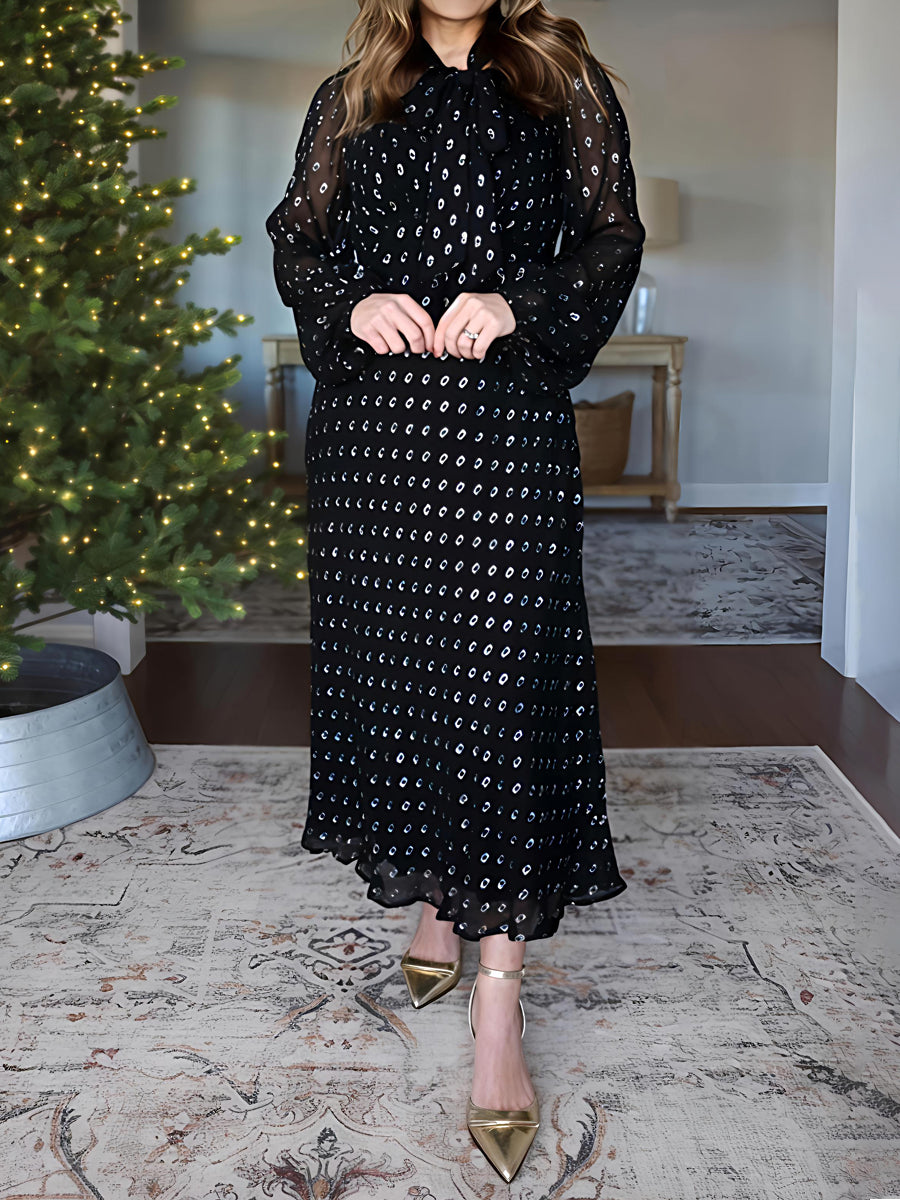 Tie Neck Long Sleeve Midi Dress