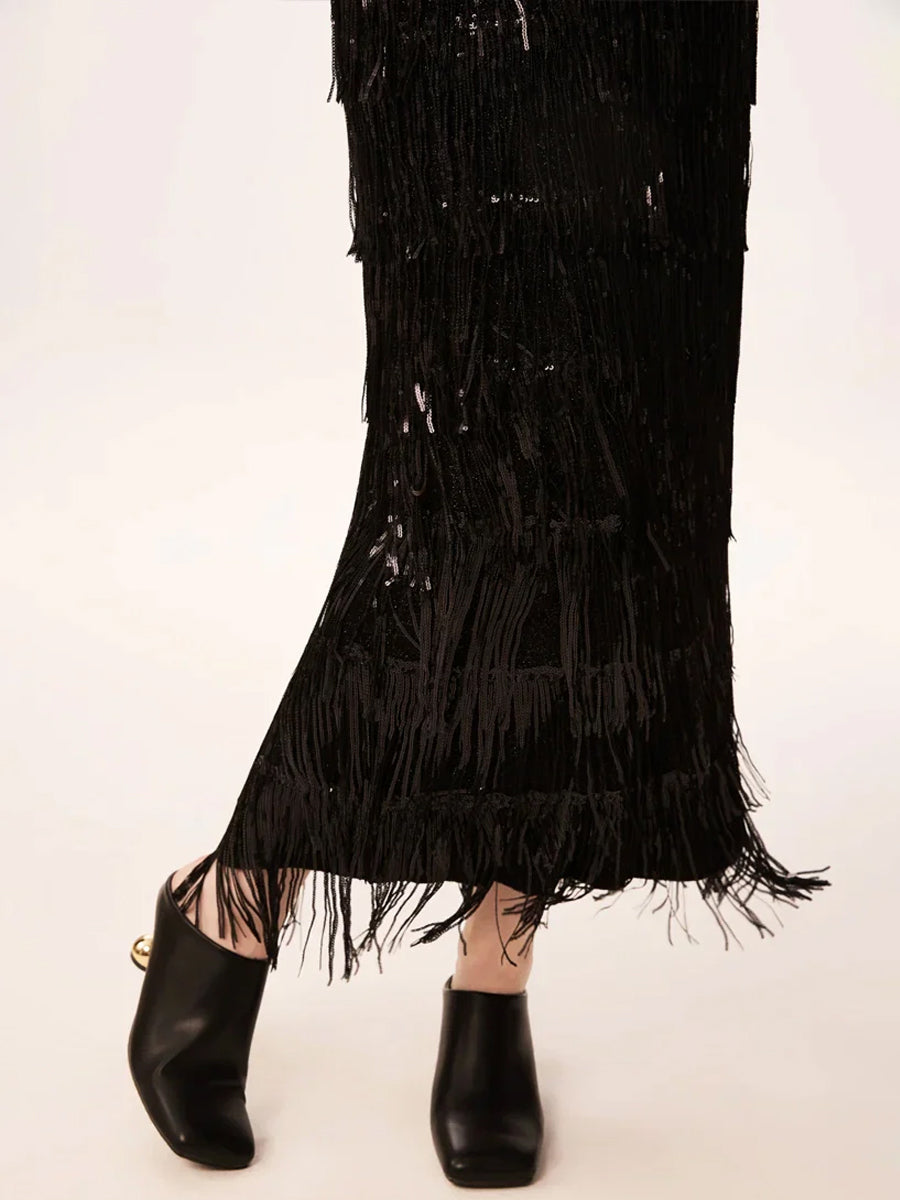 Elasticized Waist Sequin Fringed Skirt