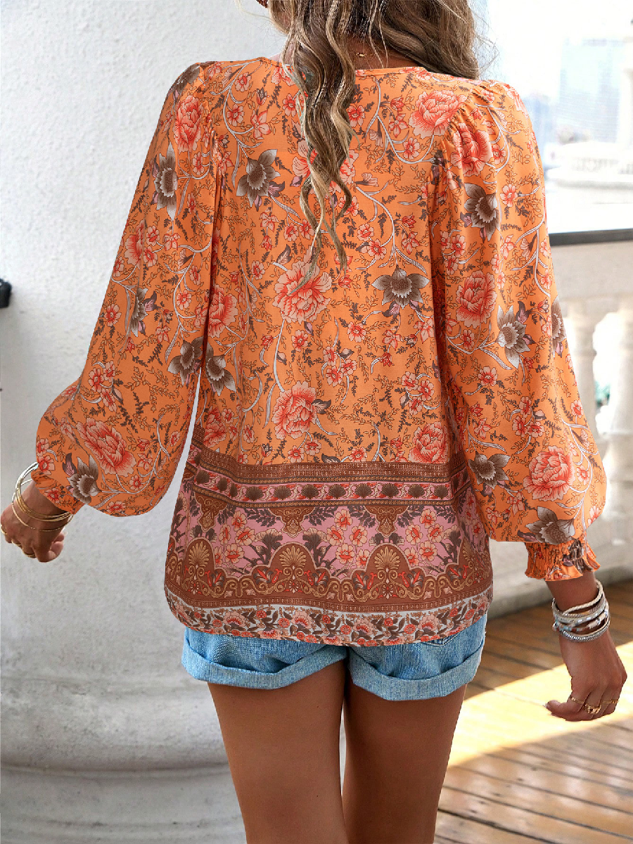 Boho Printed Lace-Up Long Sleeve Top