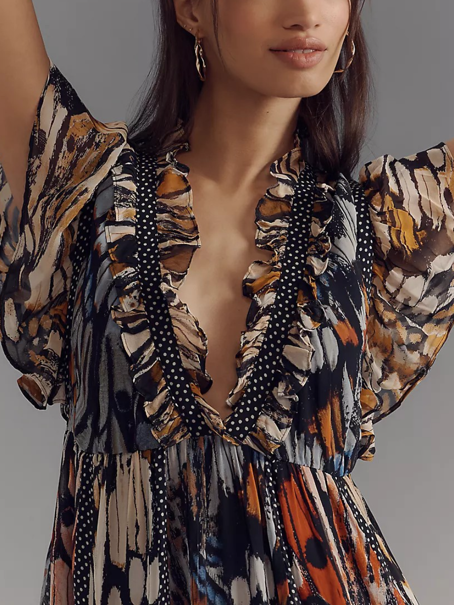 Short-Sleeve V-Neck Midi Dress