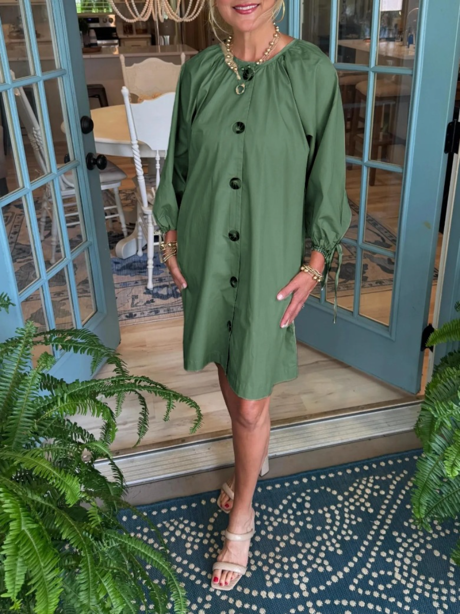 Button Front Balloon Sleeve Dress