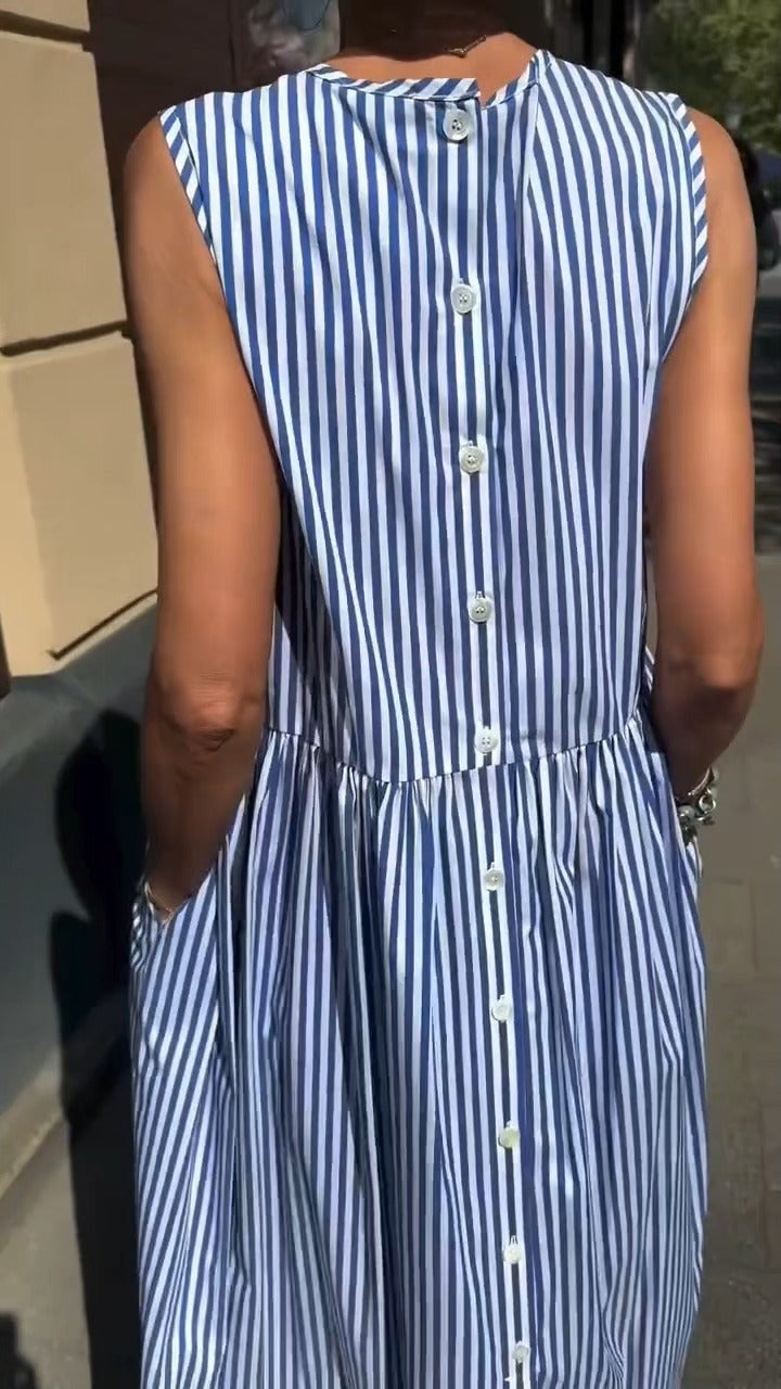 Back Button Sleeveless Striped Dress