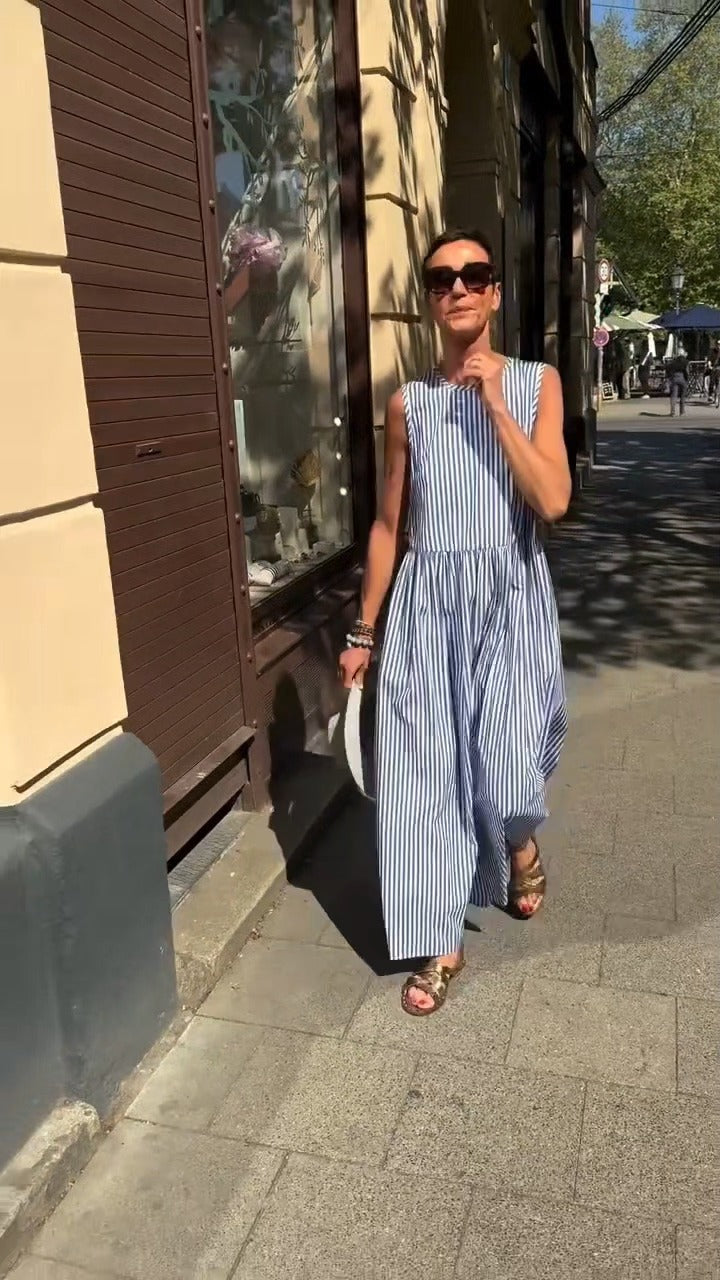 Back Button Sleeveless Striped Dress