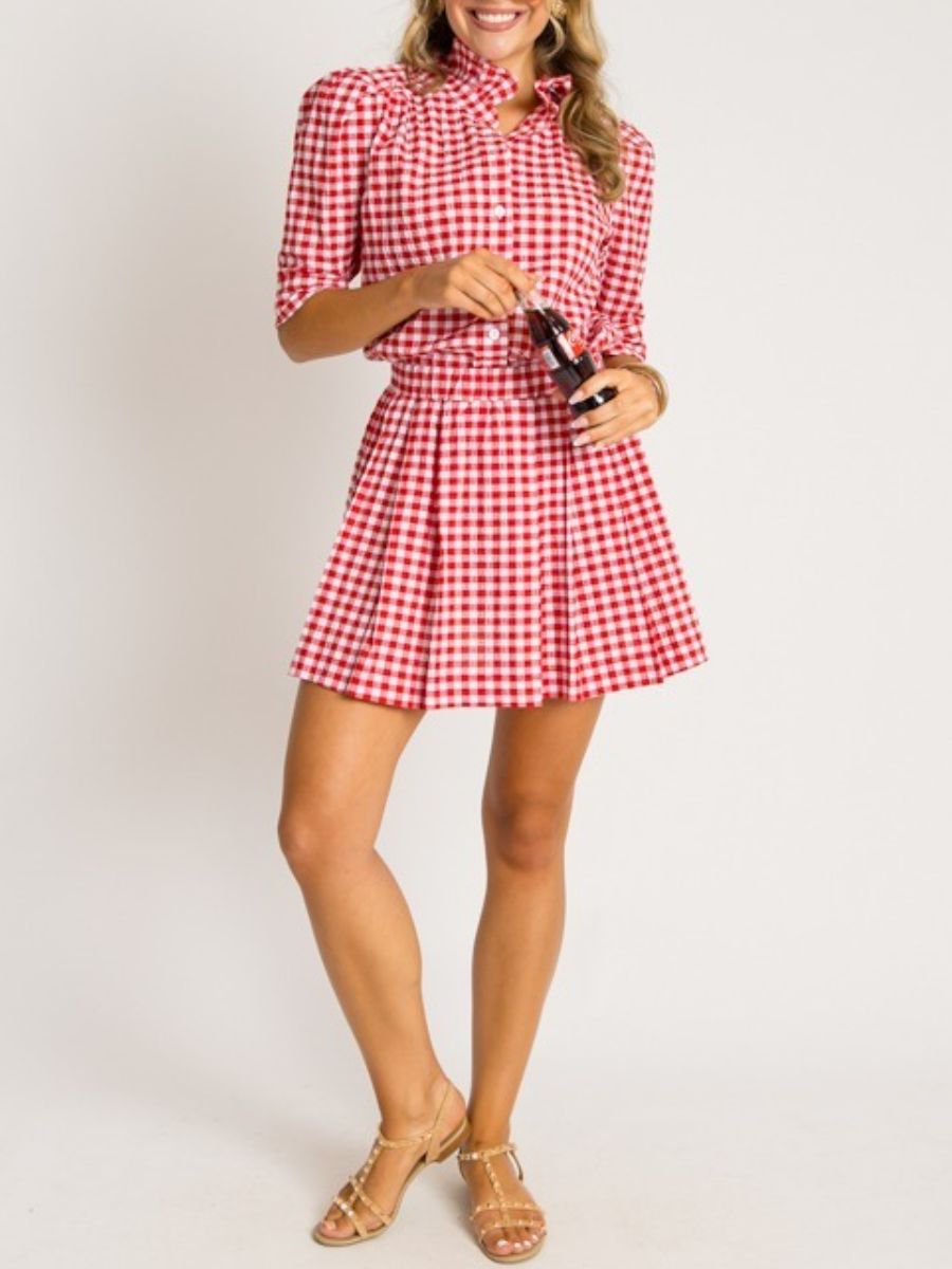 Pleated Mini Skirt, Red Gingham
