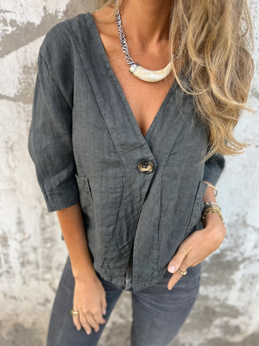 Loose Button Up V Neck Top