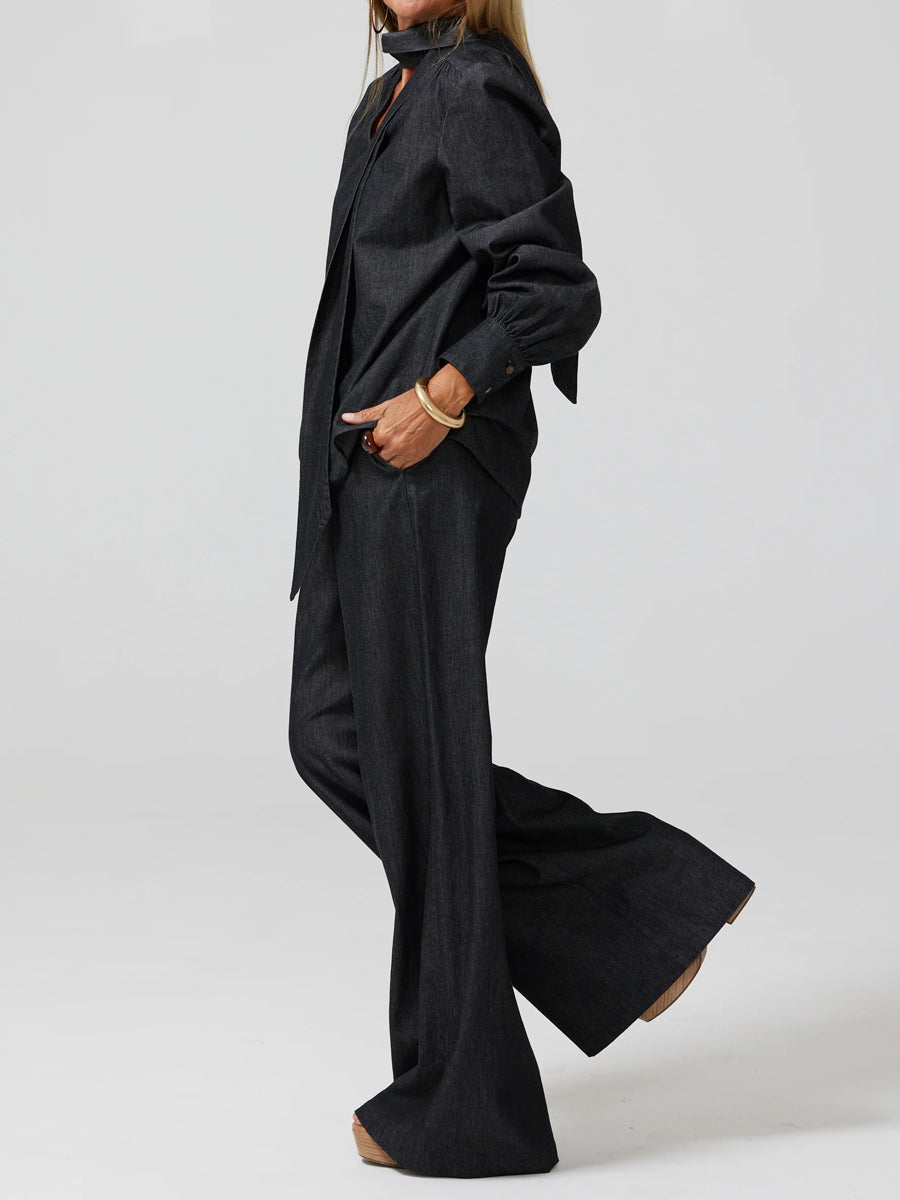 Bow Denim V Neck Two Pieces Set