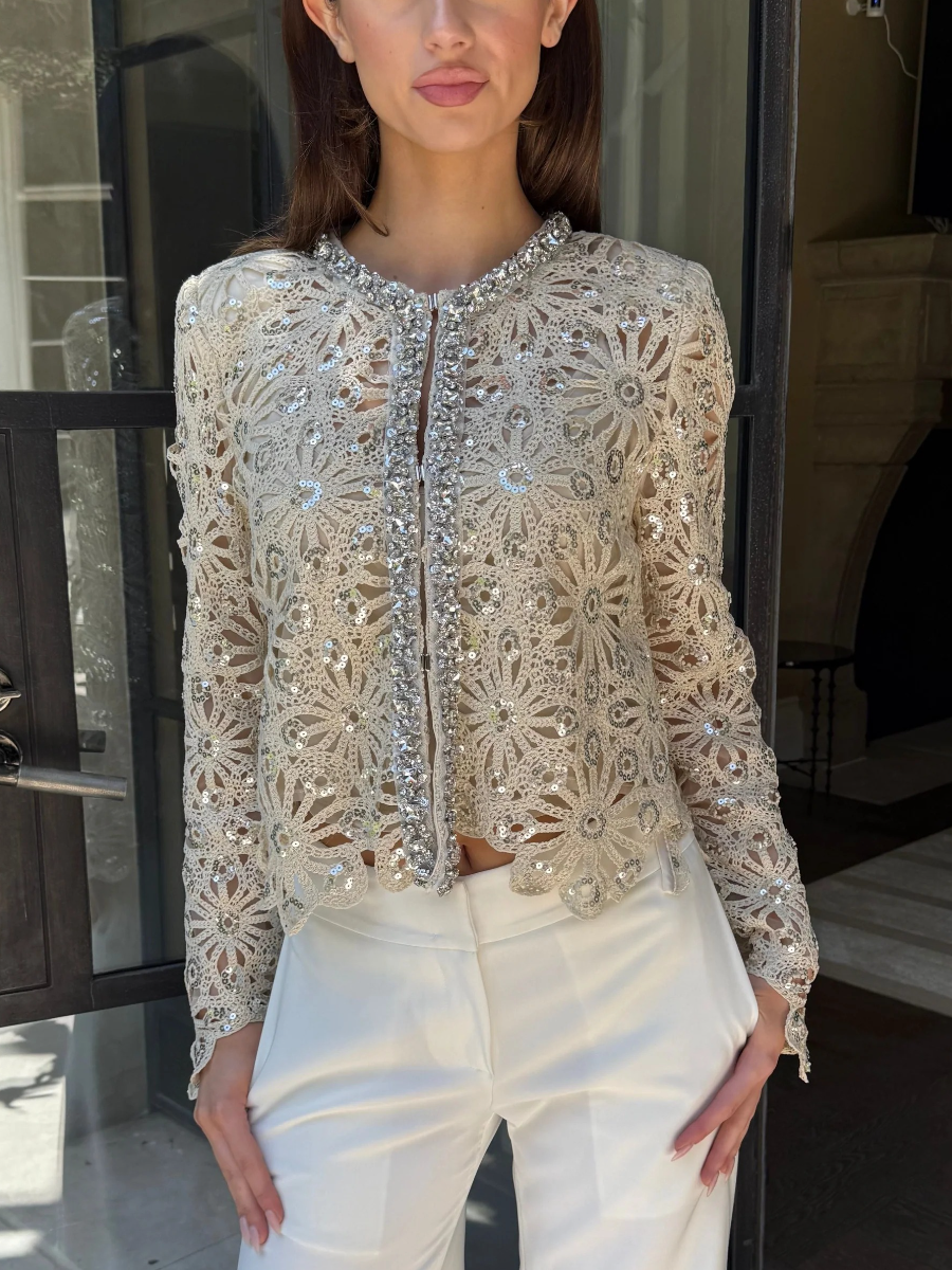 Rhinestone And Sequin Adorned Crochet Lace Cardigan