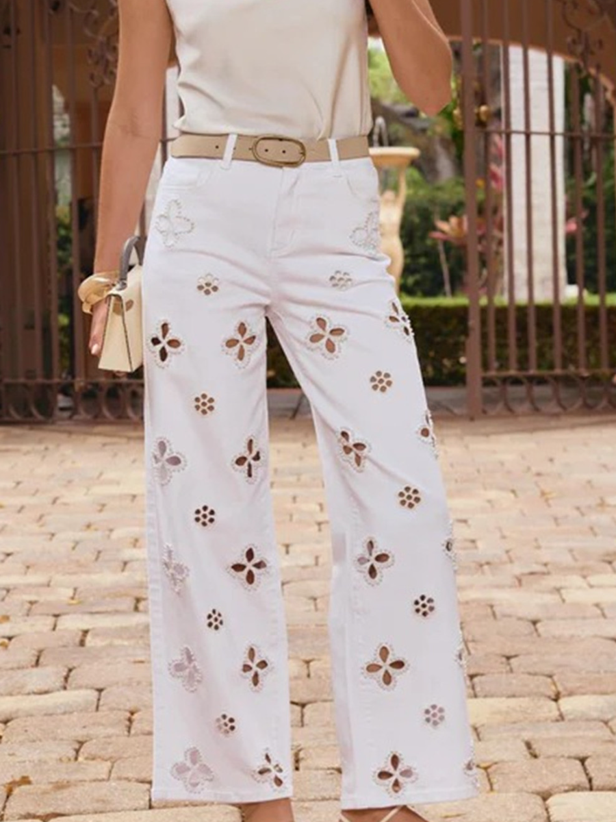Embroidered Pearl Hollow-out Stretch Straight Pants