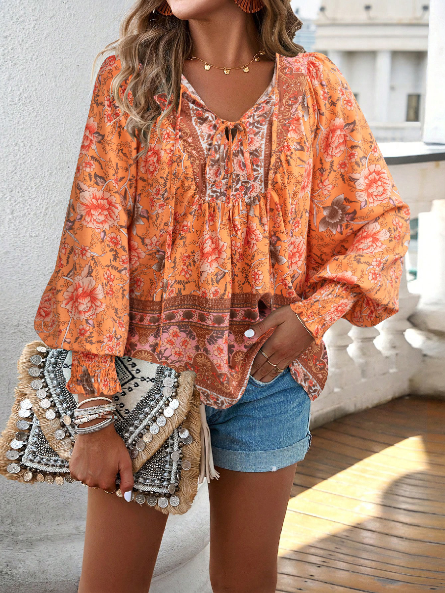 Boho Printed Lace-Up Long Sleeve Top