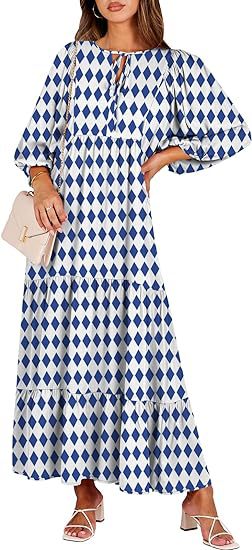 V-Neck Bubble Sleeve Casual Print A- Line Long Beach Dress