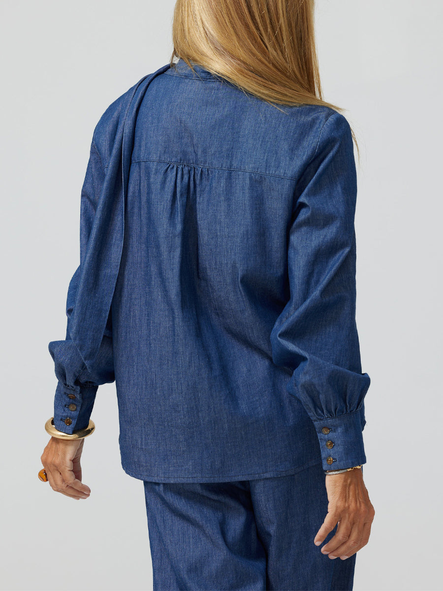 Bow Denim V Neck Two Pieces Set