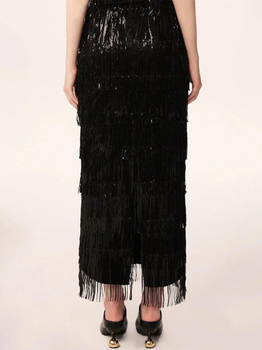 Elasticized Waist Sequin Fringed Skirt
