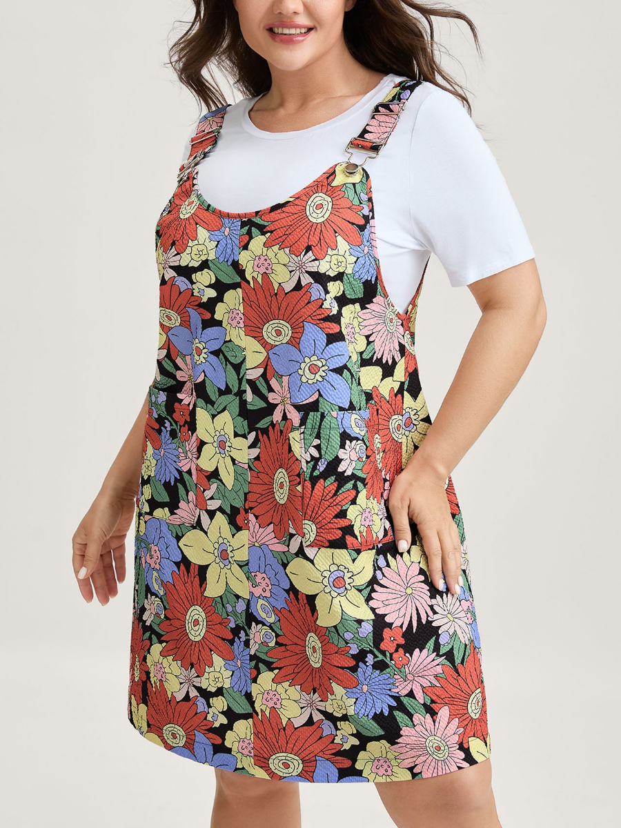 Floral Print Textured Overall Straps Dress