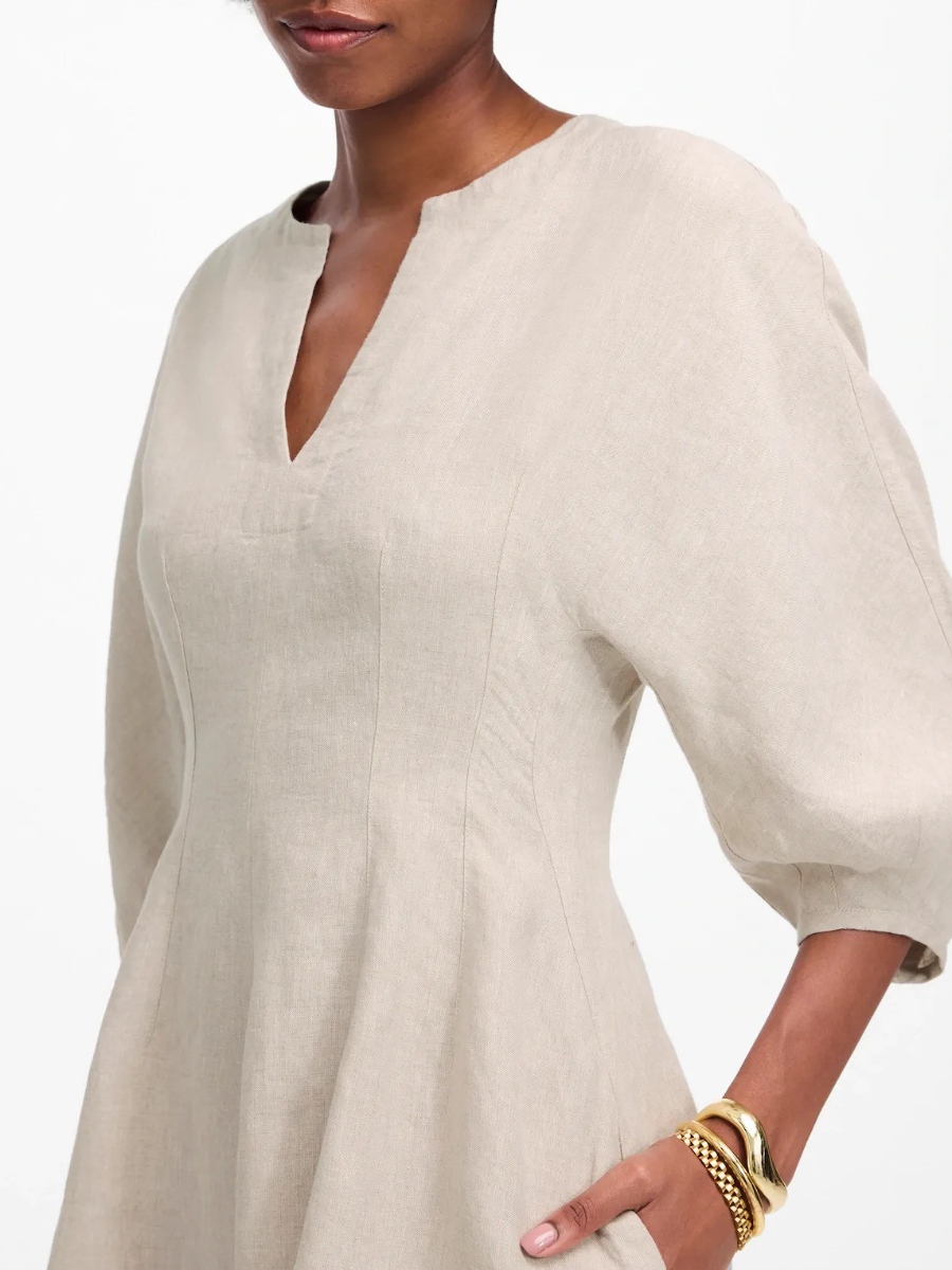 Split Neck Mini Dress In 100% Linen