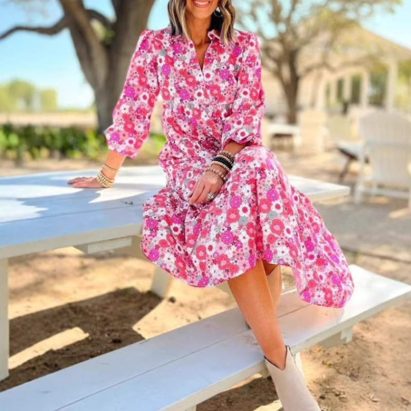 V-Neck Bohemian Floral Puff Sleeve Dress