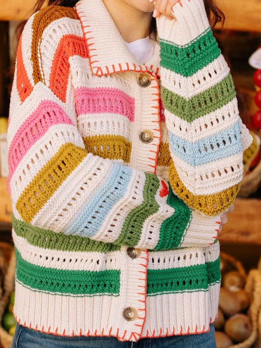 Rainbow Stripe Hollowed Out Cardigan