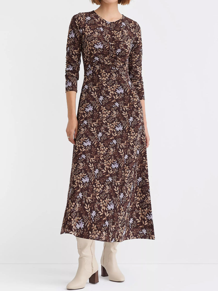 Ruched Bodice Printed Long Sleeve Dress
