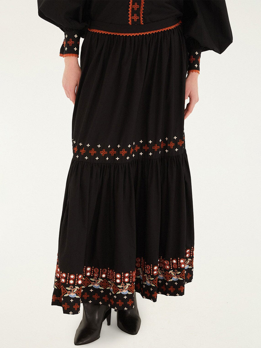 Embroidered Buttoned Shirt & Tiered Maxi Skirt