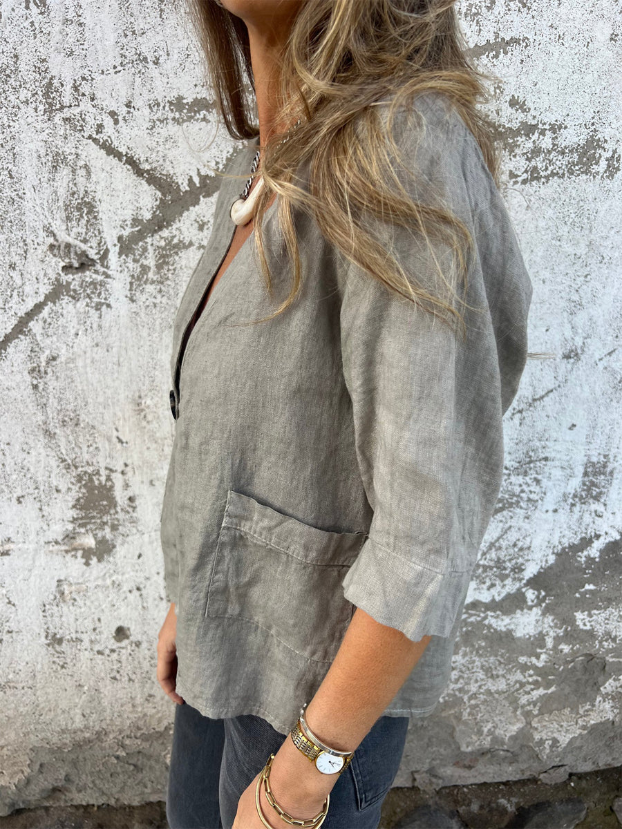 Loose Button Up V Neck Top