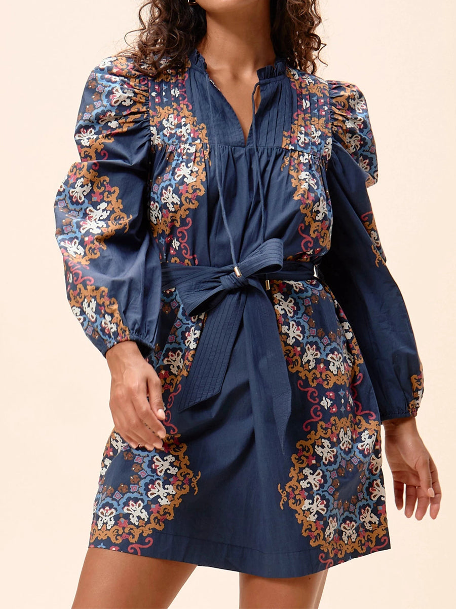 Printed Ruched Sleeve Ruffled Neck Dress