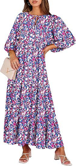 V-Neck Bubble Sleeve Casual Print A- Line Long Beach Dress