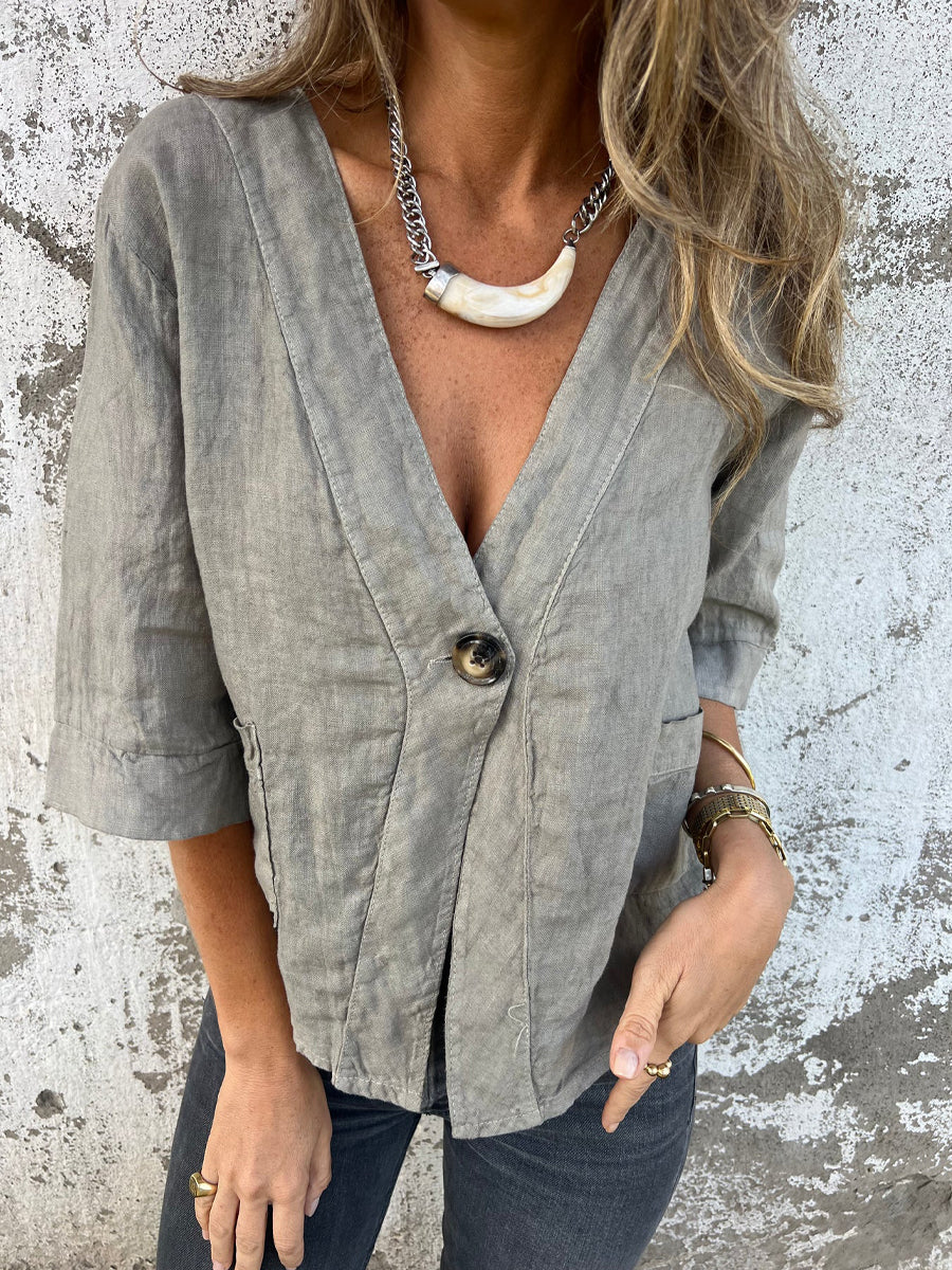 Loose Button Up V Neck Top