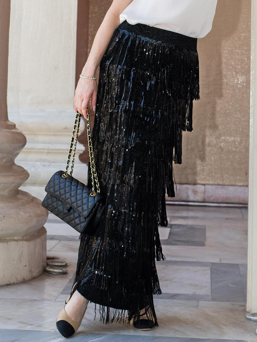 Elasticized Waist Sequin Fringed Skirt
