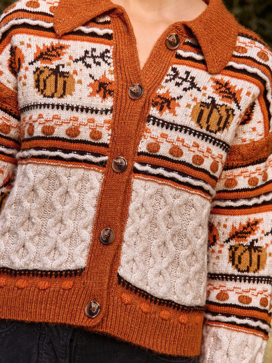 Orange Halloween Pumpkin Twist Collar Cardigan