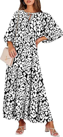 V-Neck Bubble Sleeve Casual Print A- Line Long Beach Dress