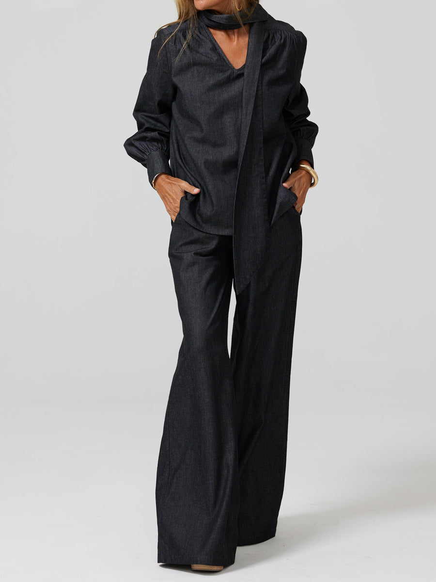 Bow Denim V Neck Two Pieces Set