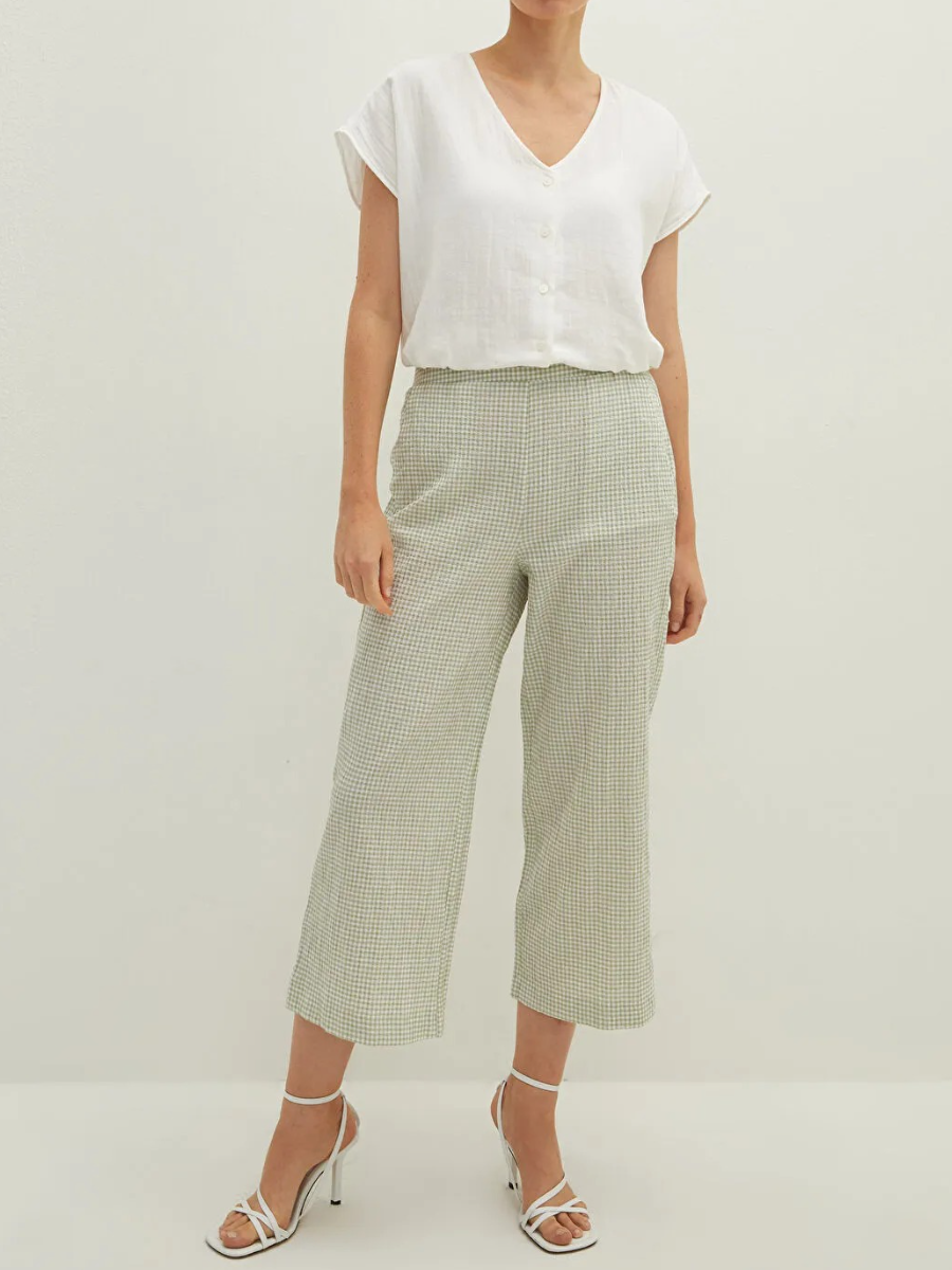 Elastic Waist High Waist Loose Fit Plaid Pants