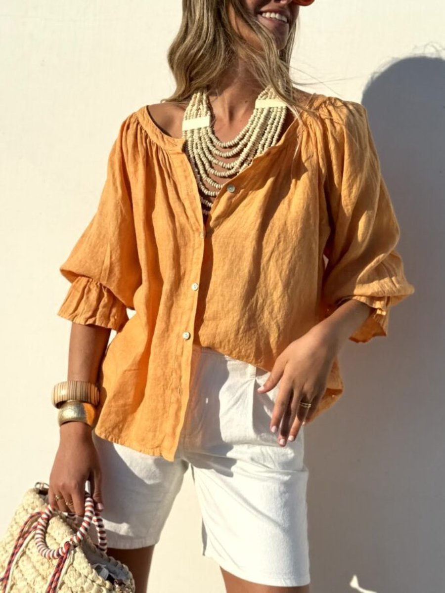 Relaxed Linen Puff Sleeve Blouse