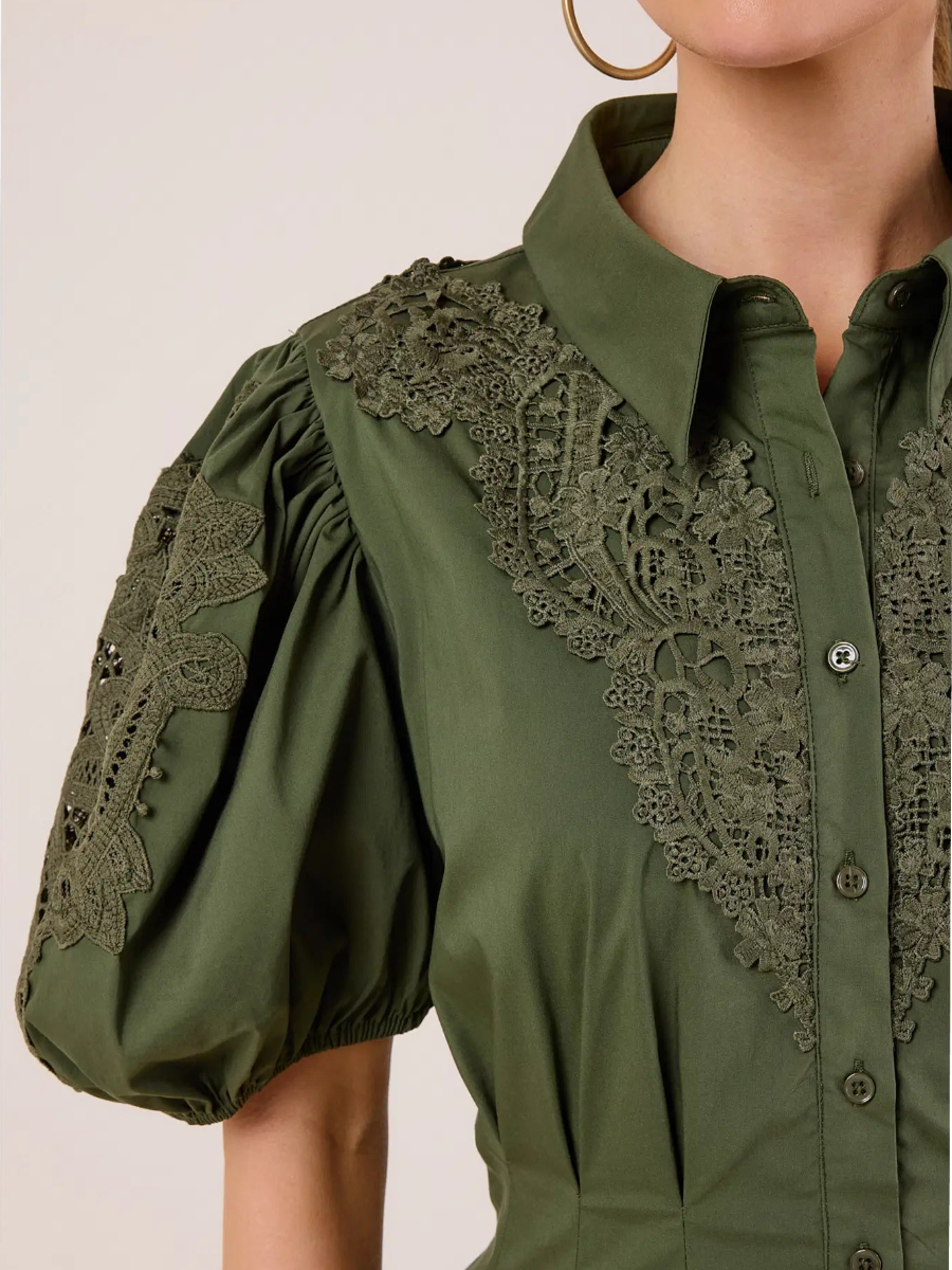 Spread Collar Pleated Puff Sleeve Dress