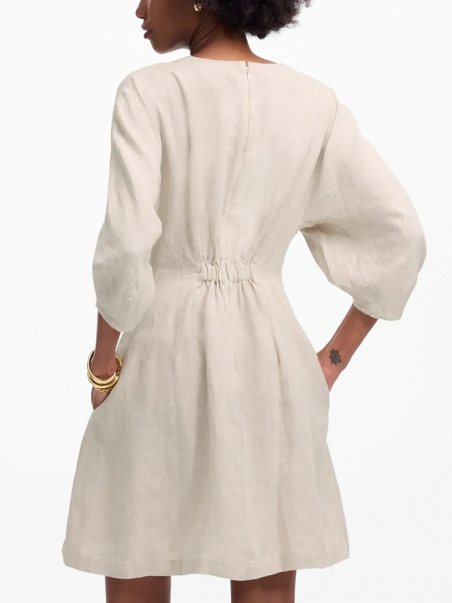 Split Neck Mini Dress In 100% Linen
