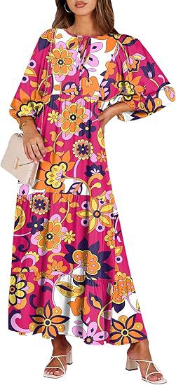 V-Neck Bubble Sleeve Casual Print A- Line Long Beach Dress